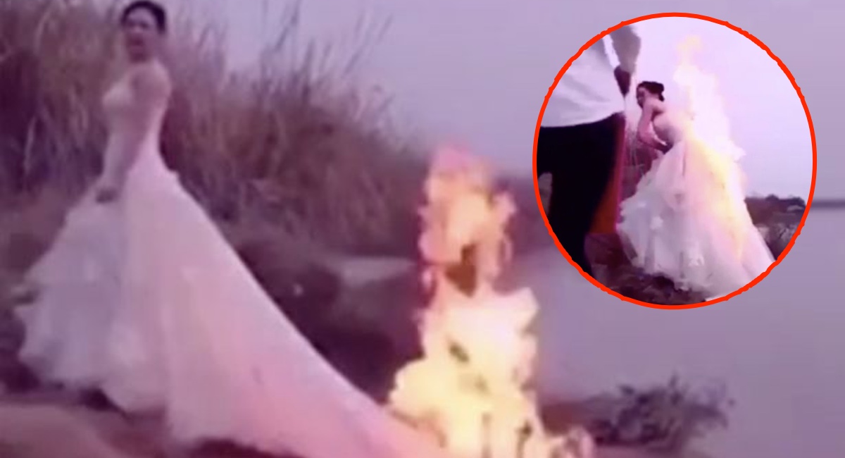 está posando cuando su vestido de novia prende en llamas, pero el