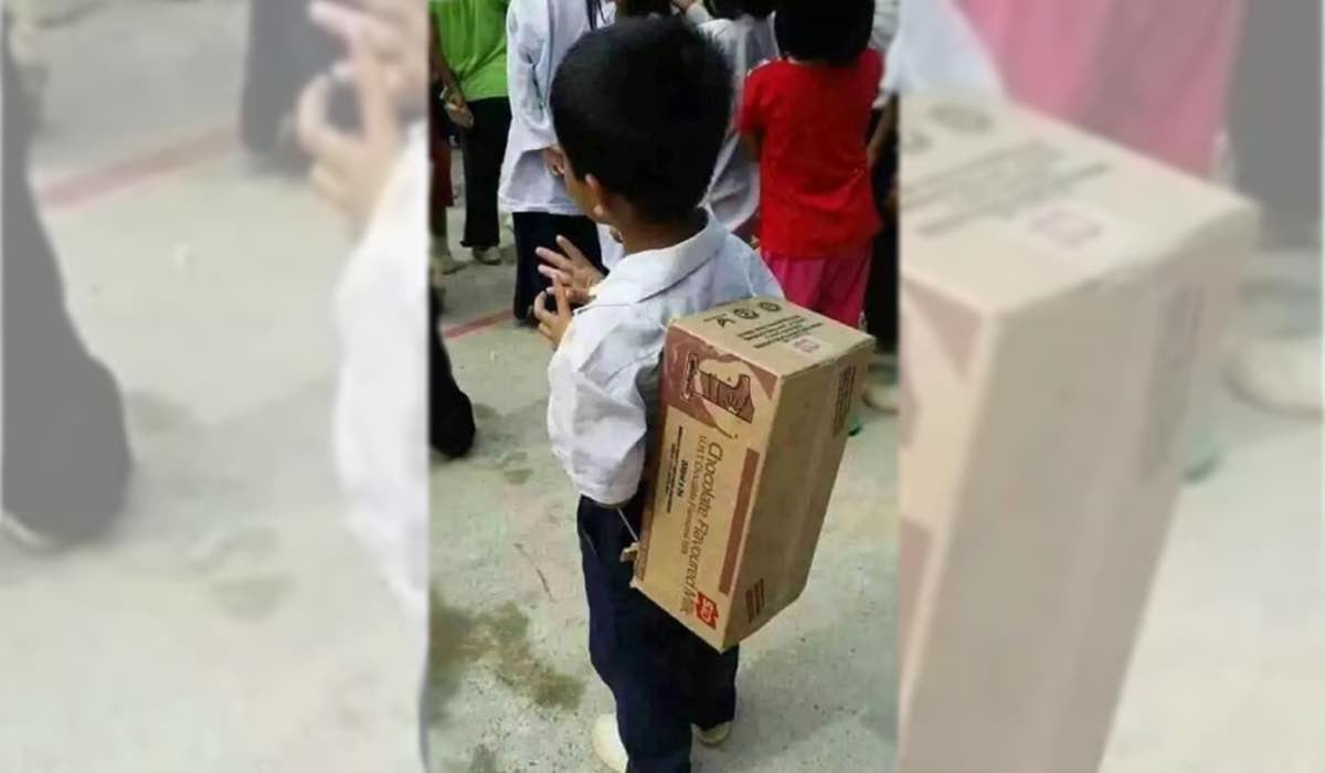 Se reveló la verdad tras la foto del niño usando una caja de cartón como  mochila | Upsocl